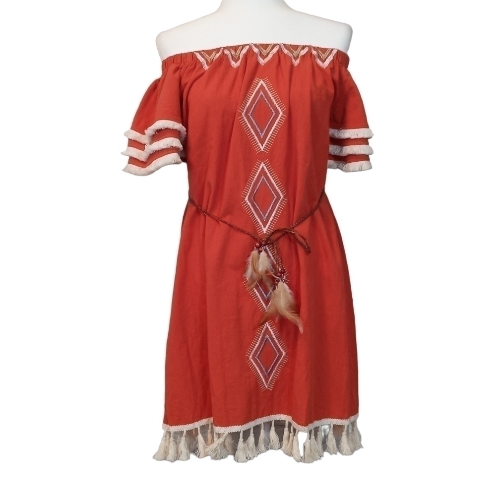 L'ATISTE boho embroidered, off- shoulder tribal, belted, tassel dress Size- Med.
